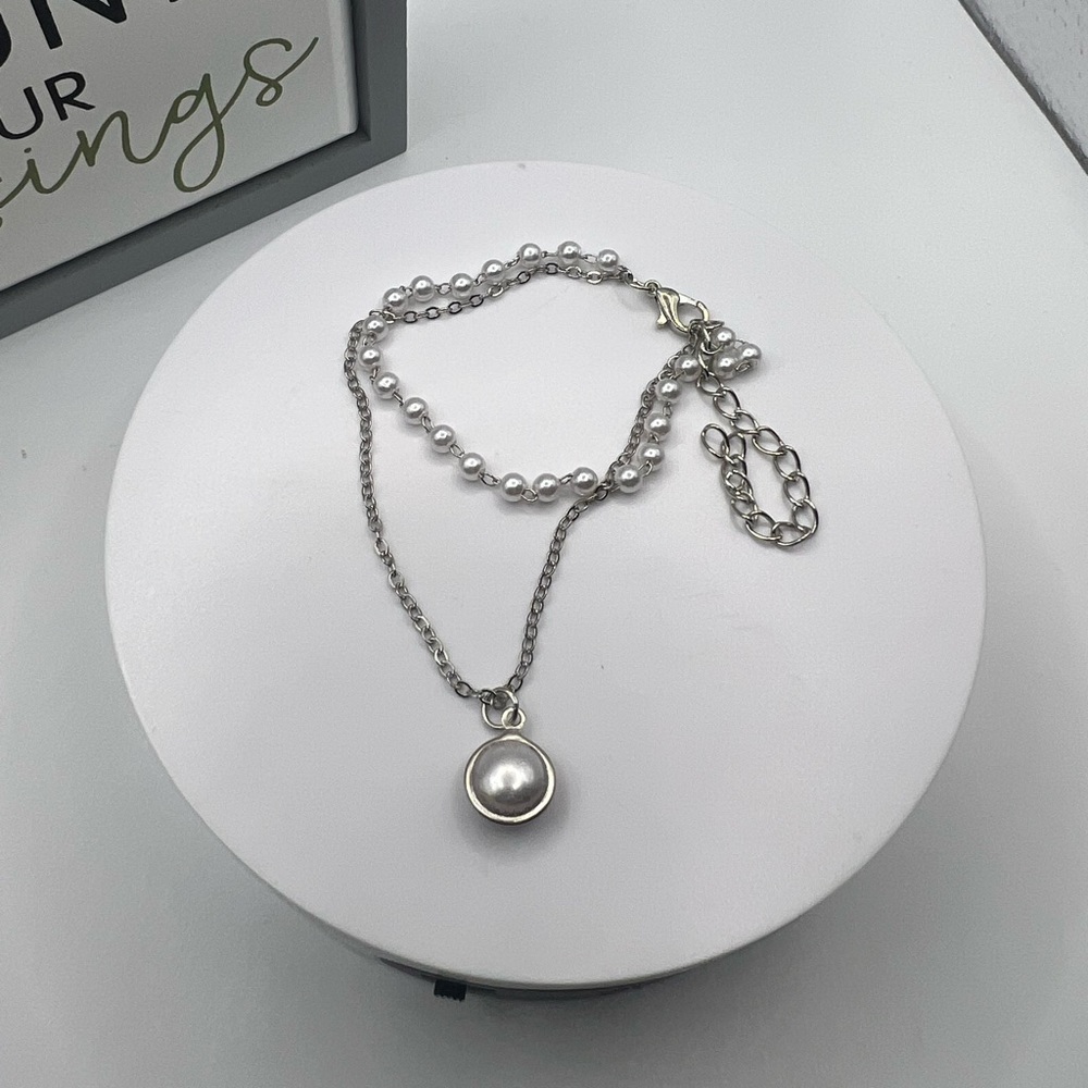 2 Layer Silver Tone and Faux Pearl Bracelet NEW
